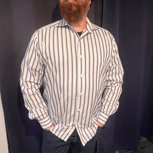 Saks Fifth Avenue White and Blue Striped Casual Button Down Shirt